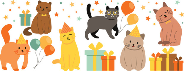 Happy birthday concept animal vector set. Collection of adorable pet, cat, balloon, gift. Birthday party funny animal character illustration for greeting card, invitation, kids, education, prints.