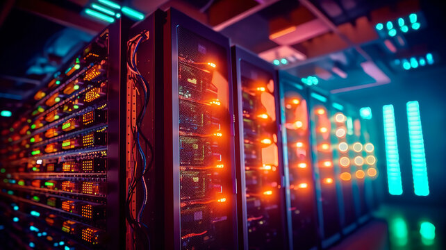 Row of network servers with glowing LED lights.