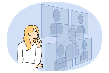 Confused woman look at various avatars in cyberspace think of image change. Pensive female choose decide digital face personality from virtual space. New technology. Vector illustration.