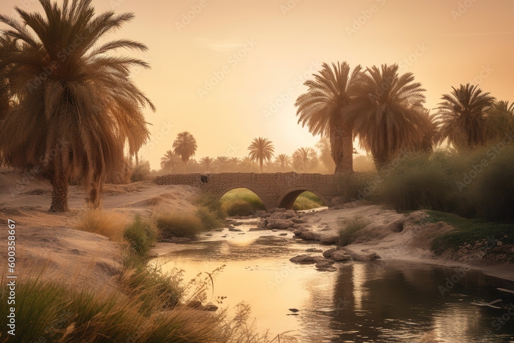 Poster a river that winds its way across a desert full with palm palms generative ai