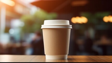 Coffee Paper cup of morning hot coffee for take away on table from cafe shop whit sunlight. Generative AI.