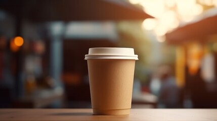 Coffee Paper cup of morning hot coffee for take away on table from cafe shop whit sunlight. Generative AI.
