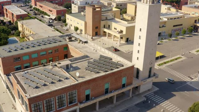 Aerial view of the civic tower in the historic center of Sabaudia, in the province of Latina, Italy.