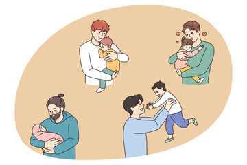 Set of happy young fathers hold in arms cuddle little kids show love and care. Collection of smiling single dads play relax with small children. Fatherhood and parenthood. Vector illustration.