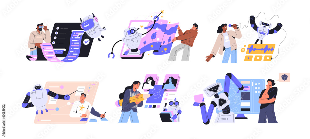 Poster neural networks and artificial intelligence concept set. automation, futuristic robot assistant, mac