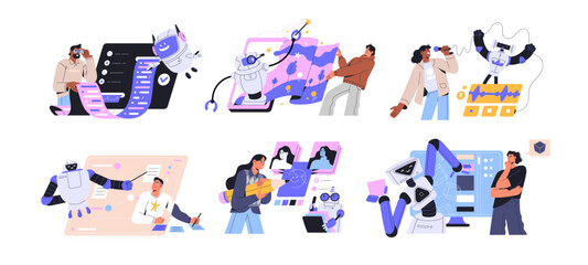 Neural networks and artificial intelligence concept set. Automation, futuristic robot assistant, machines, AI technologies helping at work. Flat vector illustrations isolated on white background