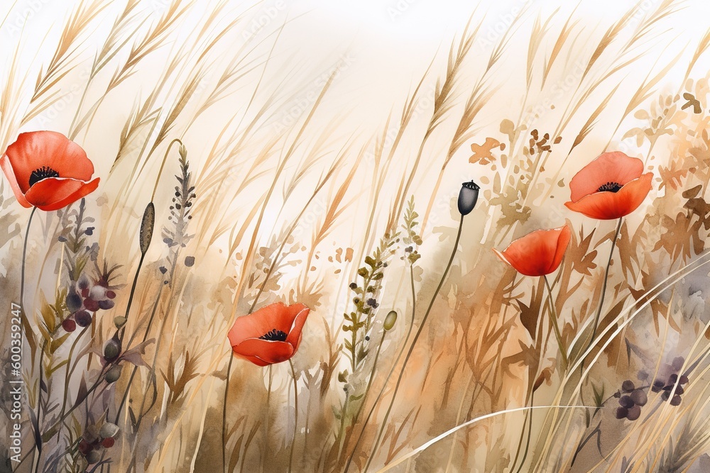 Poster a picture of a field with some red flowers in it as an example. generative ai