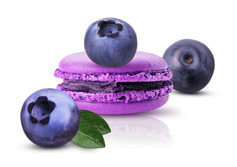 Ripe blueberry and macaroon with green leaf
