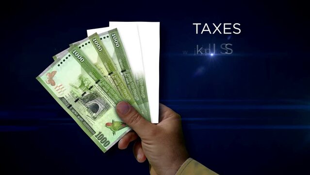 Sri Lanka rupee paper note holding. Fan of LKR banknotes in hand. Metaphor concept of income loss, cost of live, tax, credits and money decline.