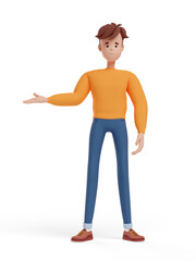 3D young positive man pointing in the direction. Portrait of a funny cartoon guy in casual clothes, sweater and jeans. Minimalistic stylized character. 3D illustration on white background.