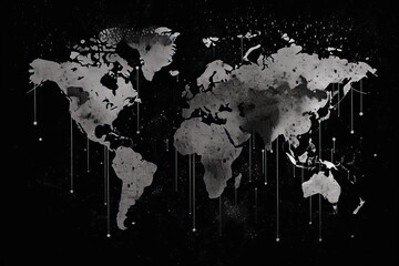 Illustrative map of the world on a black background, generative AI.
