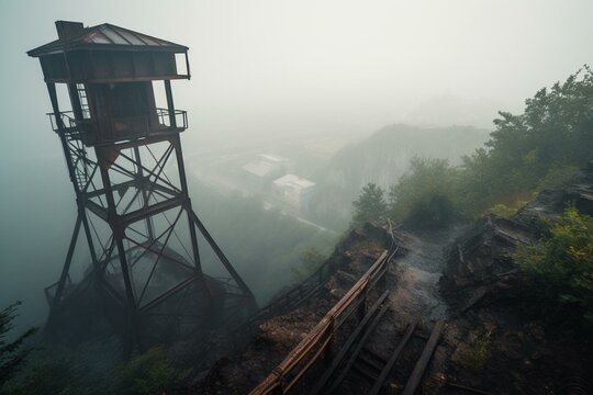 Misty view of coal mine shaft, mining industry. Generative AI