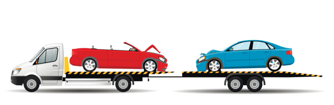 A tow truck with a trailer tows emergency vehicles. Flat vector illustration.