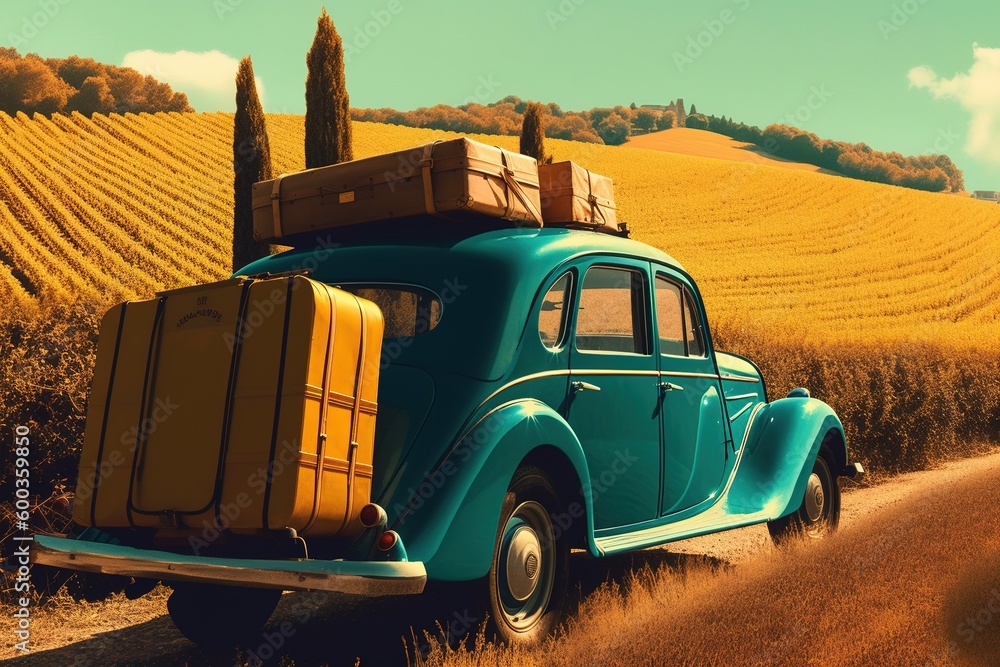 Poster a blue automobile with bags piled on the trunk of it generative ai