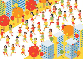 アイソメトリック　走る女性　秋　線なし