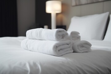 Fototapeta na wymiar room hotel resort service white towel fresh luxury home bed. Generative AI.