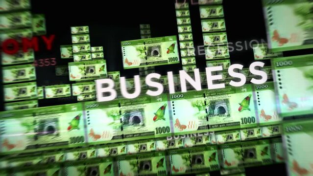 Sri Lanka rupee money loop 3d animation. Camera flying between LKR banknotes. Finance, economy, crisis, business success, recession, debt and tax seamless looped concept.
