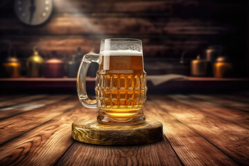Beer glass with white beer foam on a wooden table background. Ai generated