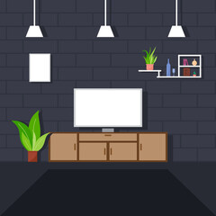 Interior vector layout sample living room. TV, table, flowerpot, book, vase and lamp. Beautiful brick wall.