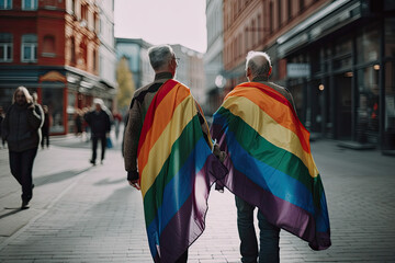Backside of Happy men couple with LGBT Rainbow Flag on the city street background. Parade. Generated Ai
