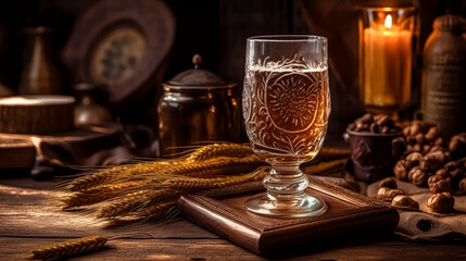 Fototapeta na wymiar Glass of beer with wheat on wooden background. Ai generated
