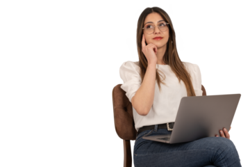 Thinking businesswoman, portrait of pensive thinking businesswoman. Sitting chair over isolated transparent, png.. Copy space. Using laptop. Thoughtful touching her face. Looking copy space. 