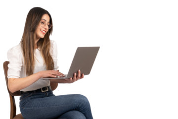 Woman holding and working on laptop, smiling happy caucasian woman holding and working on laptop. Side view portrait of caucasian businesswoman using notebook. Lifestyle concept idea. Copy space.