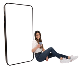 Woman using smartphone, sitting on floor near giant mobile phone with empty white screen for mockup. Full body length studio shot. Website, application recommending advertising concept, copy space.