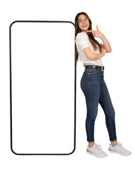 Smartphone mockup, woman pointing huge smartphone mockup with empty white screen, full body length ...