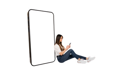 Big smartphone, caucasian girl sitting floor with phone on her hand and leaning bis smartphone. Blank white screen huge giant mobile phone mockup. Product, website, mobile application placement.
