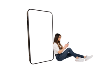 Big smartphone, caucasian girl sitting floor with phone on her hand and leaning bis smartphone. Blank white screen huge giant mobile phone mockup. Product, website, mobile application placement.