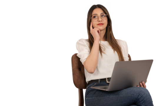 Thinking businesswoman, portrait of pensive thinking businesswoman. Sitting chair over isolated transparent, png.. Copy space. Using laptop. Thoughtful touching her face. Looking copy space. 