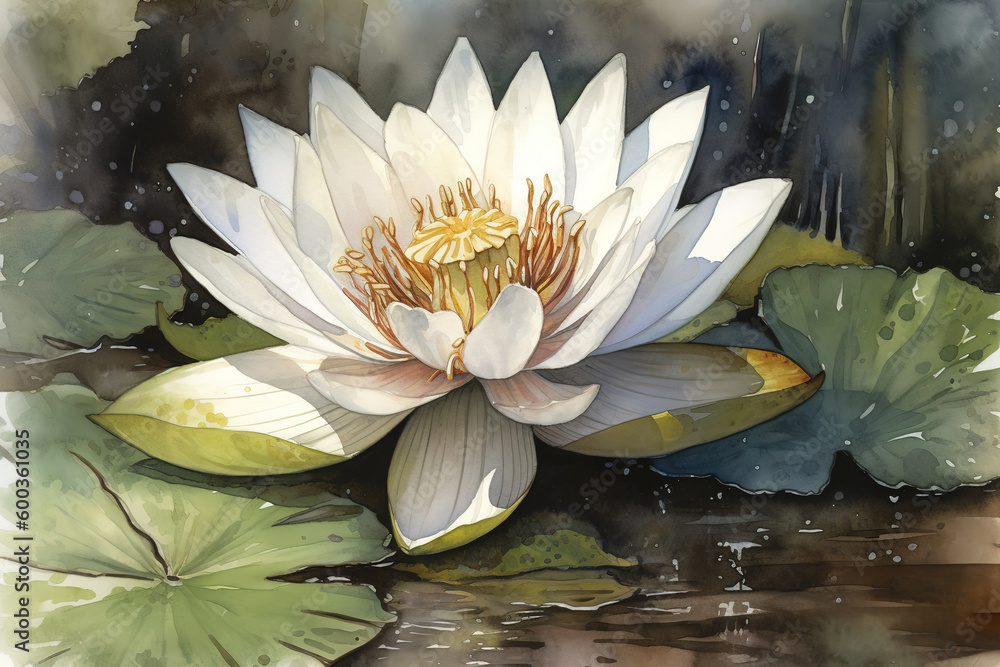 Poster an image of a white water lily floating in a pond generative ai