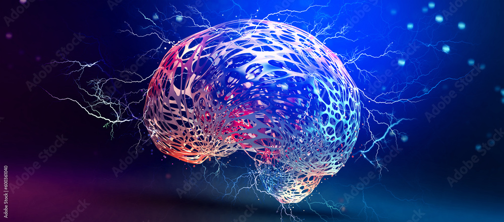 Poster Digital mind, artificial intelligence, machine consciousness 3D illustration. Computer brain and neural networks. Electrical impulses brainstorming
