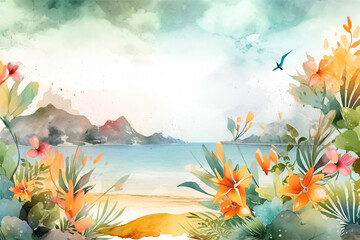 Obraz na płótnie Canvas Watercolor illustration of a summer beach with flying bird background. Generated AI