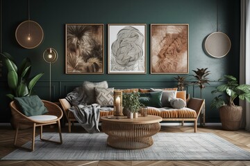 A coastal bohemian living room wall mockup in 3D. Generative AI