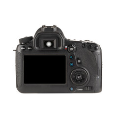 Back view of modern DSLR camera isolated on a white background