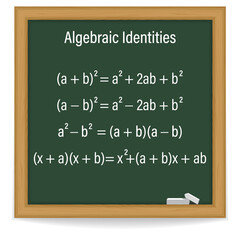 Algebraic Identities on a chalkboard. School. Math. Vector illustration.