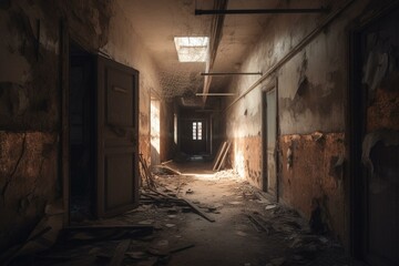 Fototapeta na wymiar A dismal dilapidated hallway with a ruined roof in a deserted mental hospital. Generative AI