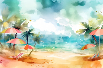 Fototapeta na wymiar Watercolor Illustration of a summer beach with palm trees and chaise-longues with sun umbrellas. Generated AI