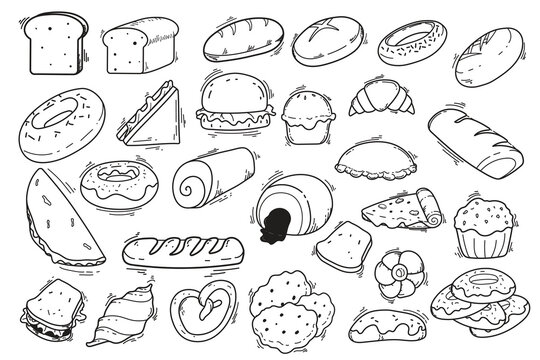 Set of hand-drawn doodle illustrations of bread