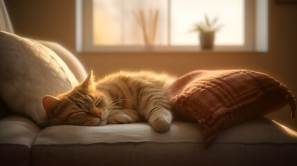 Cat sleep calm and relax on sofa. Generative AI
