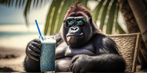 gorilla is on summer vacation at seaside resort and relaxing on summer beach Generative AI - obrazy, fototapety, plakaty