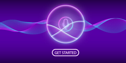 Artificial intelligence concept. Button icon microphone. Banner for web site or mobile app. Landing page with ai personal voice assistant.  illustration.