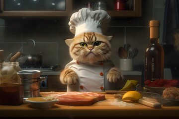 Cute cat in chef outfits in the kitchen cooking. Created with Generative AI technology.