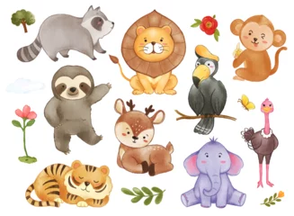 Stickers meubles Zoo Collection of wildlife animals and plant elements . Watercolor painting cartoon character design . Vector .