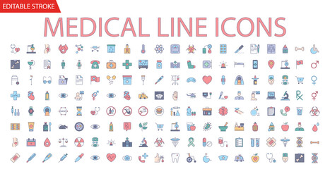 Fototapeta na wymiar Medical Vector Icons Set. Line Icons, Sign and Symbols in Outline Fill Design Medicine and Health Care with Elements for Mobile Concepts and Web Apps. Collection Modern Infographic Logo and Pictogram