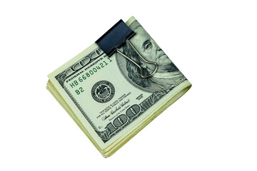 One hundred dollar banknotes with binder clip isolated on a white background