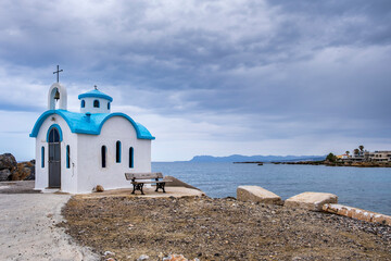 The beautiful Church of Agios Dionysios of Olymbos on the coast in Galatas, Crete, Greece