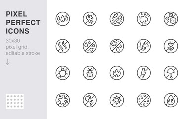 Fabric material protection line icon set. Sweat resistant, antibacterial proof, antistatic minimal vector illustration. Simple outline sign for clothing material. 30x30 Pixel Perfect, Editable Stroke - obrazy, fototapety, plakaty